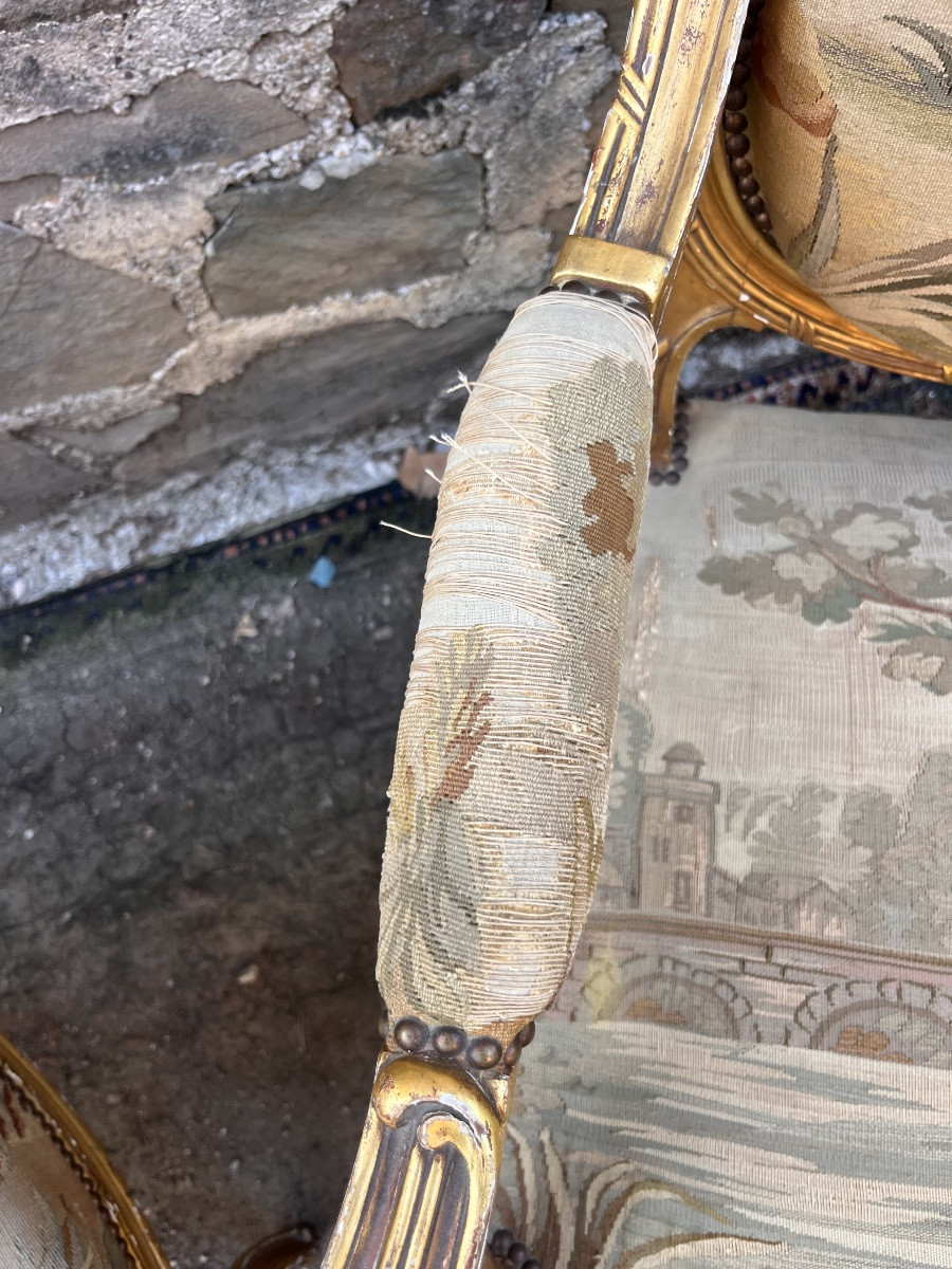 Pair Of Gilded Wooden Armchairs Covered With Aubusson Tapestry -photo-3