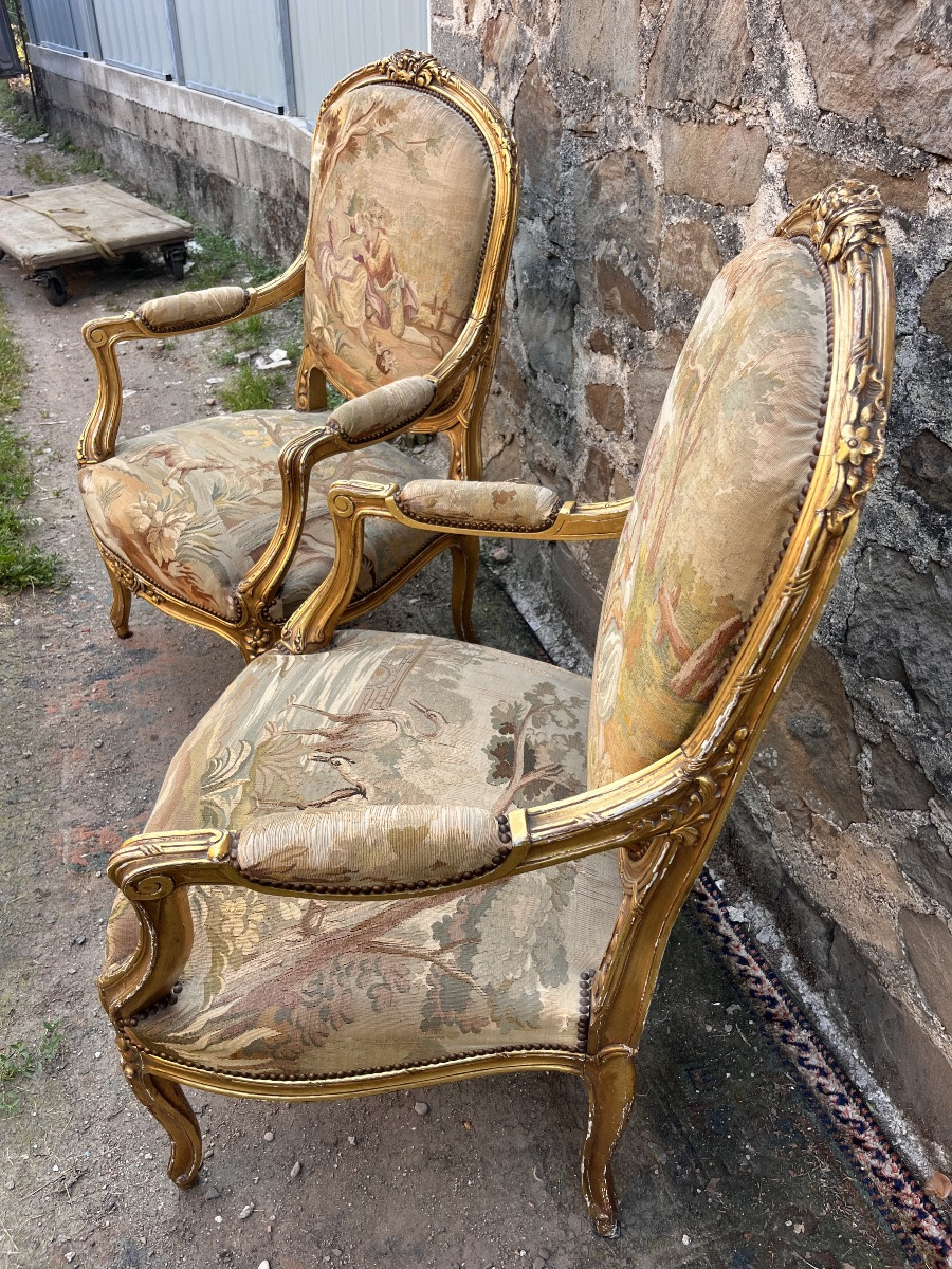 Pair Of Gilded Wooden Armchairs Covered With Aubusson Tapestry -photo-5
