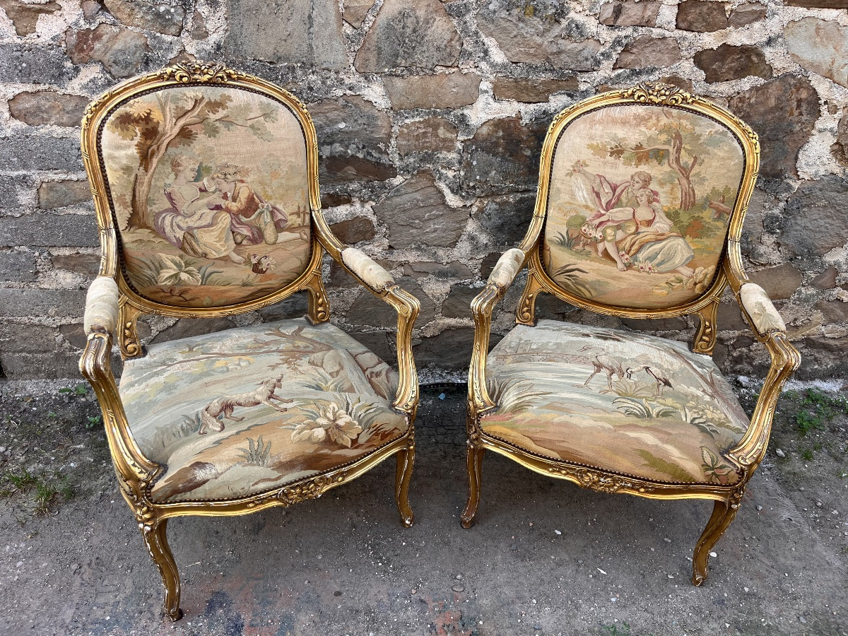 Pair Of Gilded Wooden Armchairs Covered With Aubusson Tapestry 
