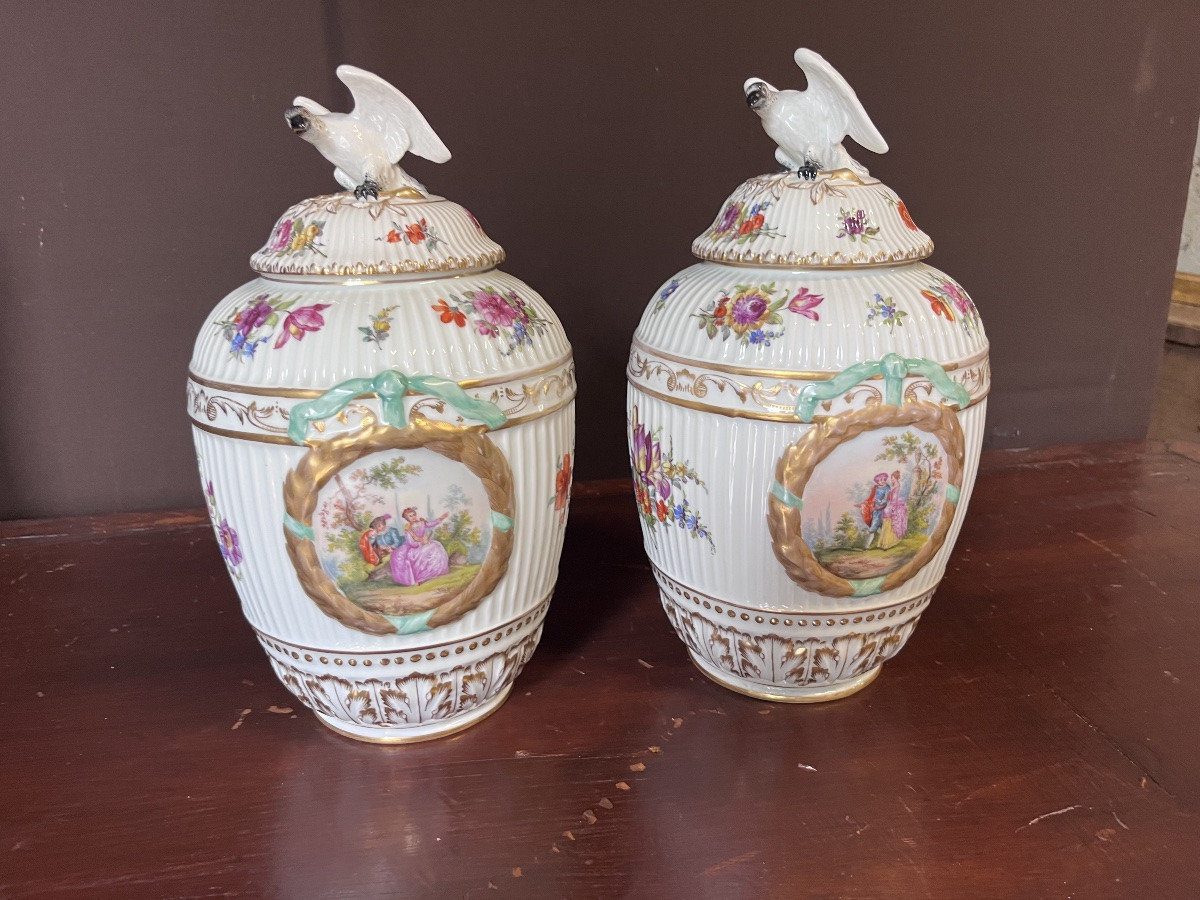 Pair Of Dresden Porcelain Covered Pots -photo-3