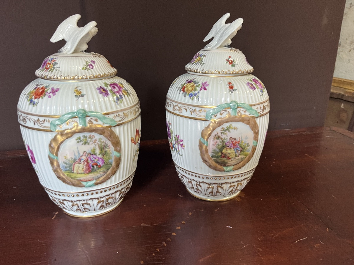 Pair Of Dresden Porcelain Covered Pots -photo-2