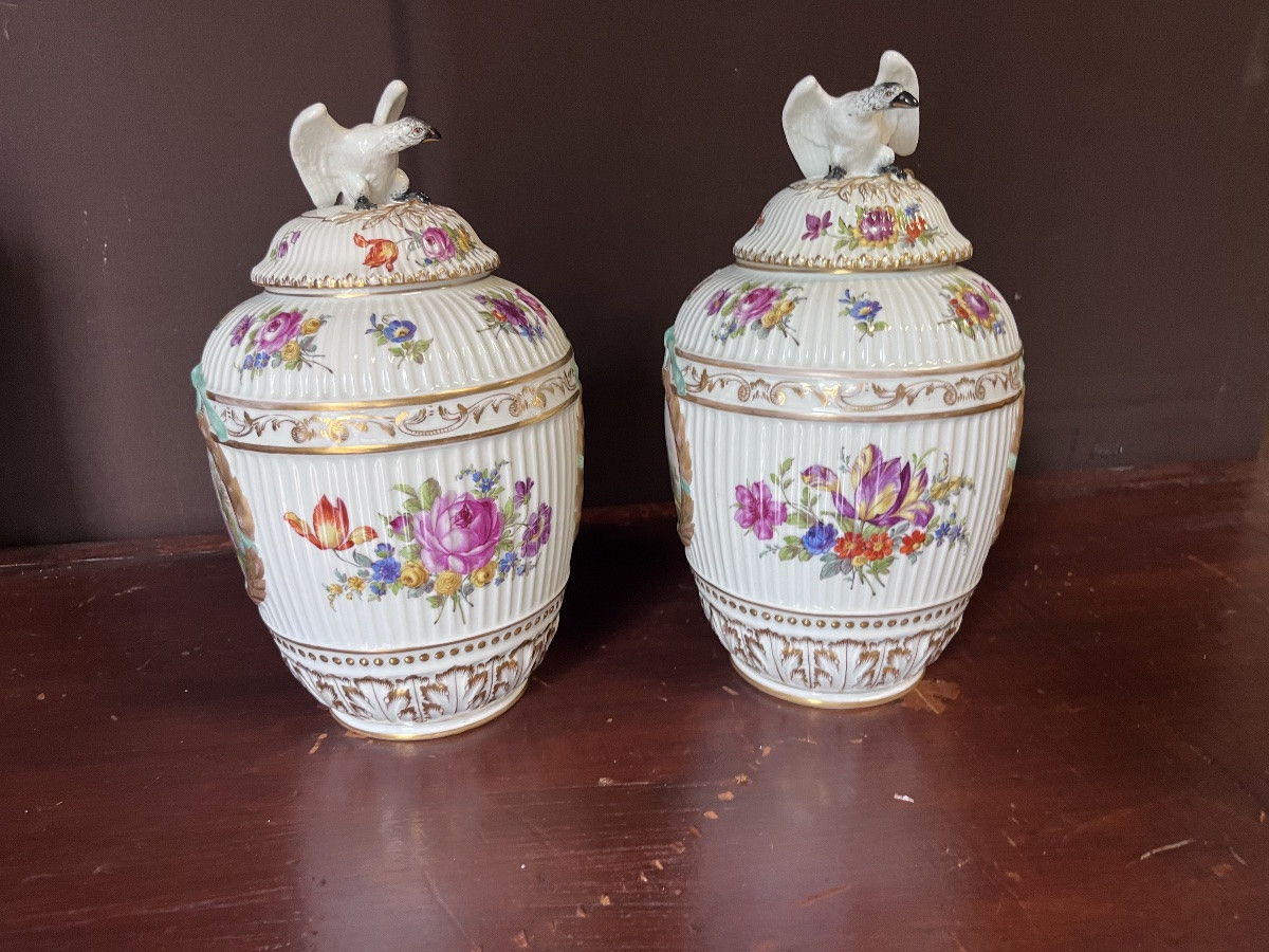 Pair Of Dresden Porcelain Covered Pots -photo-3