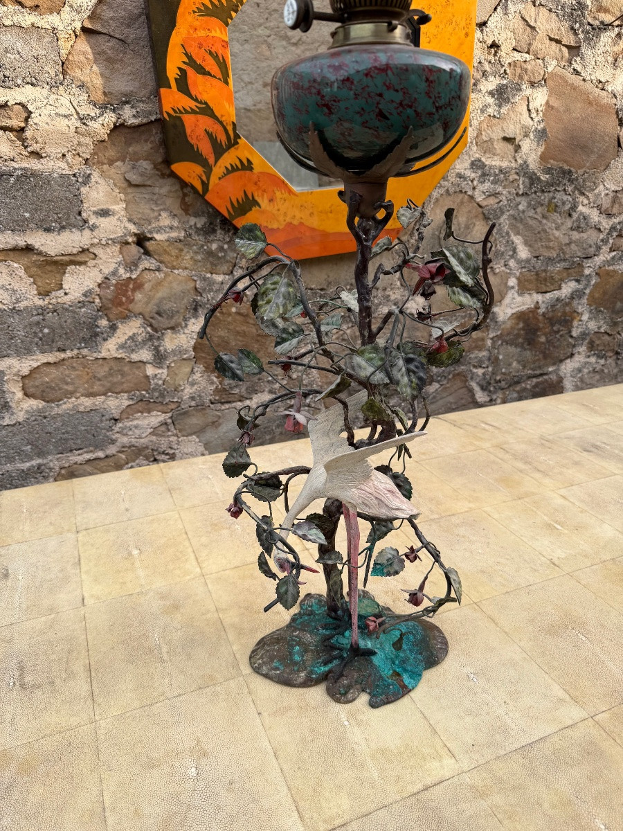 Lampe à pétrole à décor de héron -photo-2