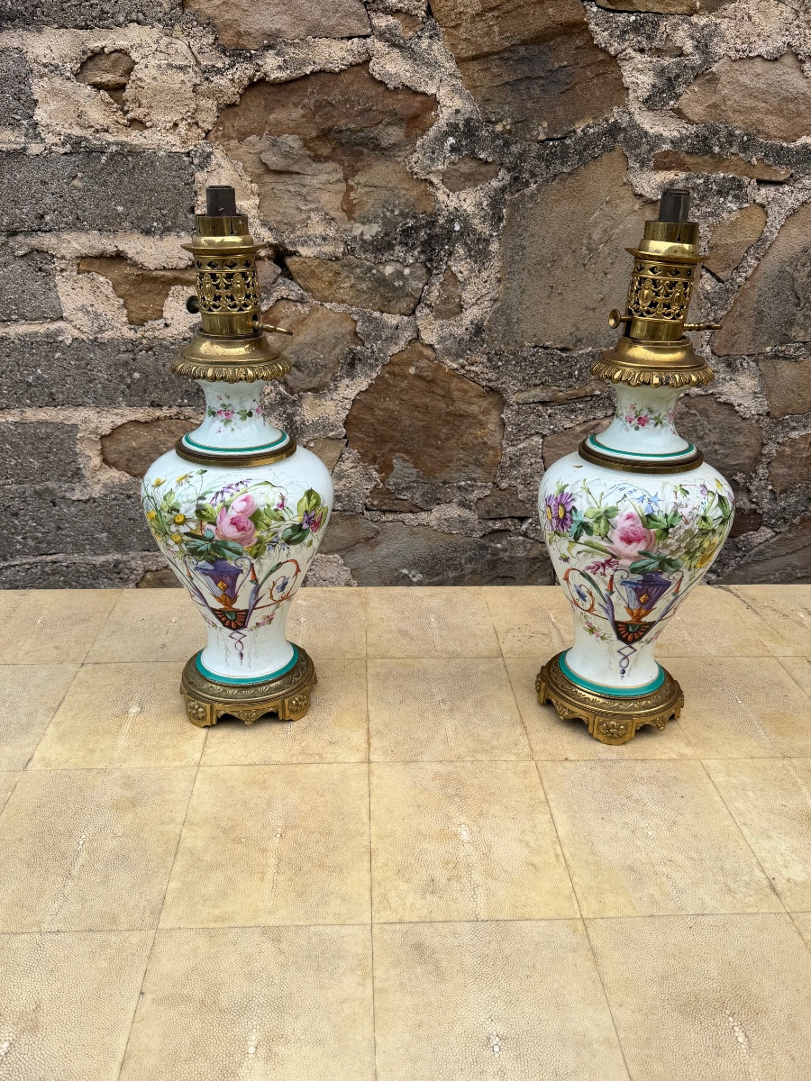 Pair Of Porcelain Oil Lamps 
