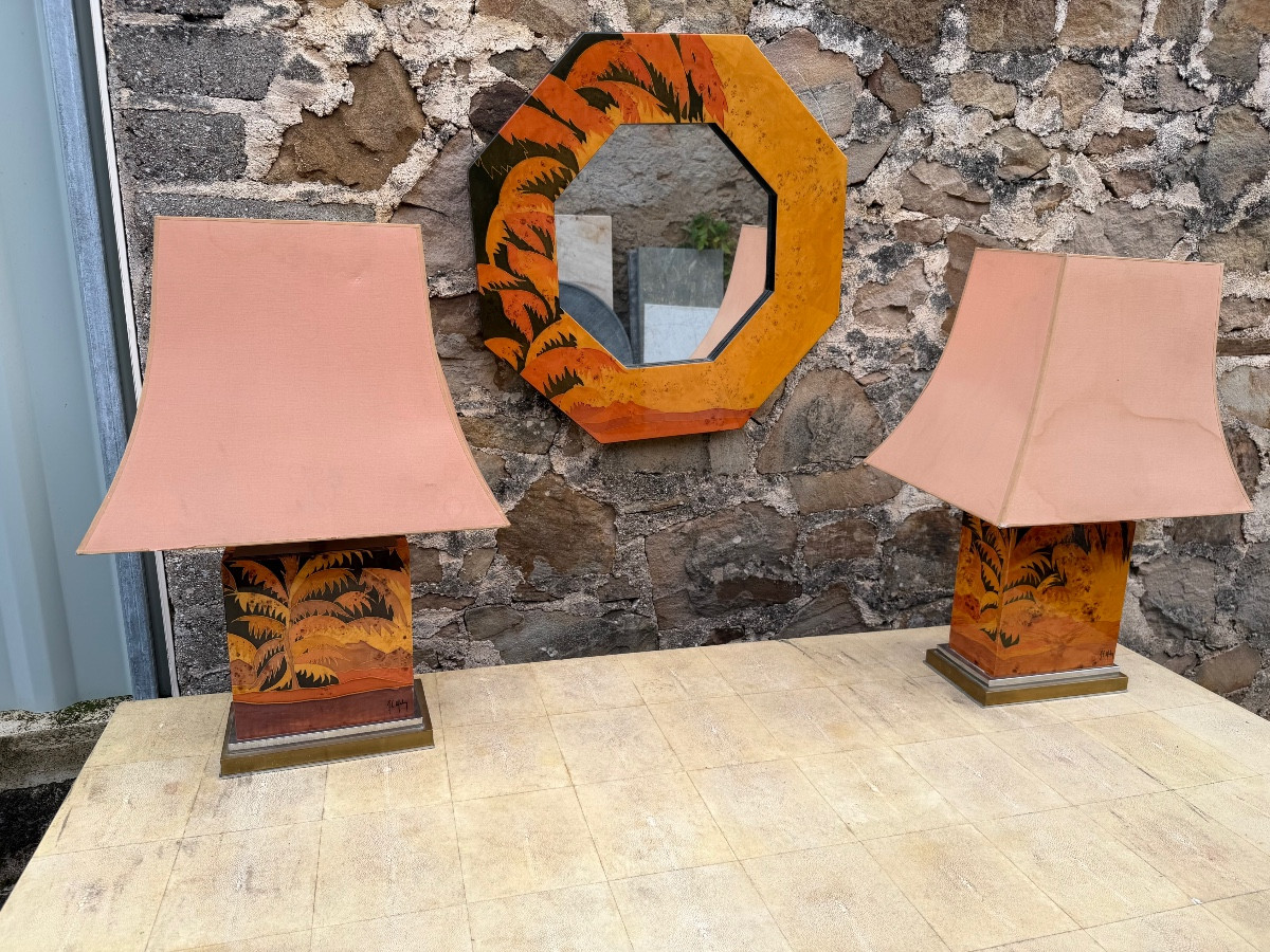 Ensemble de Jean Claude Mahey miroir et paires de lampes 