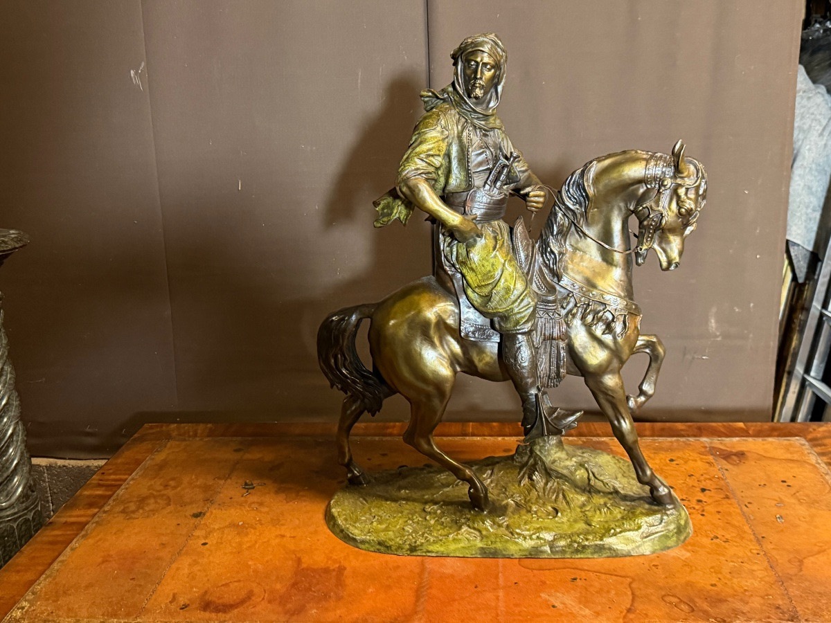 Important bronze cavalier arabe retour de chasse (70/55 cm)-photo-2