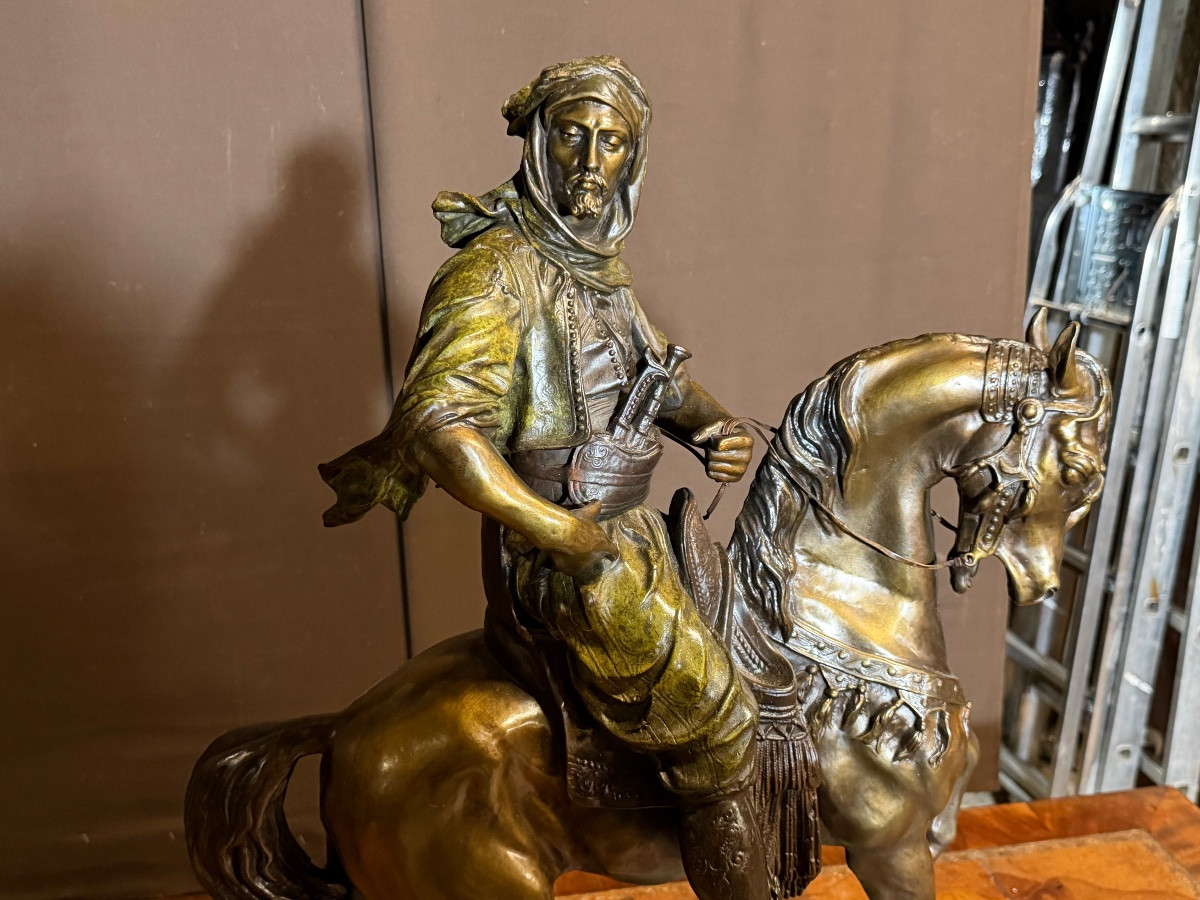 Important bronze cavalier arabe retour de chasse (70/55 cm)-photo-3