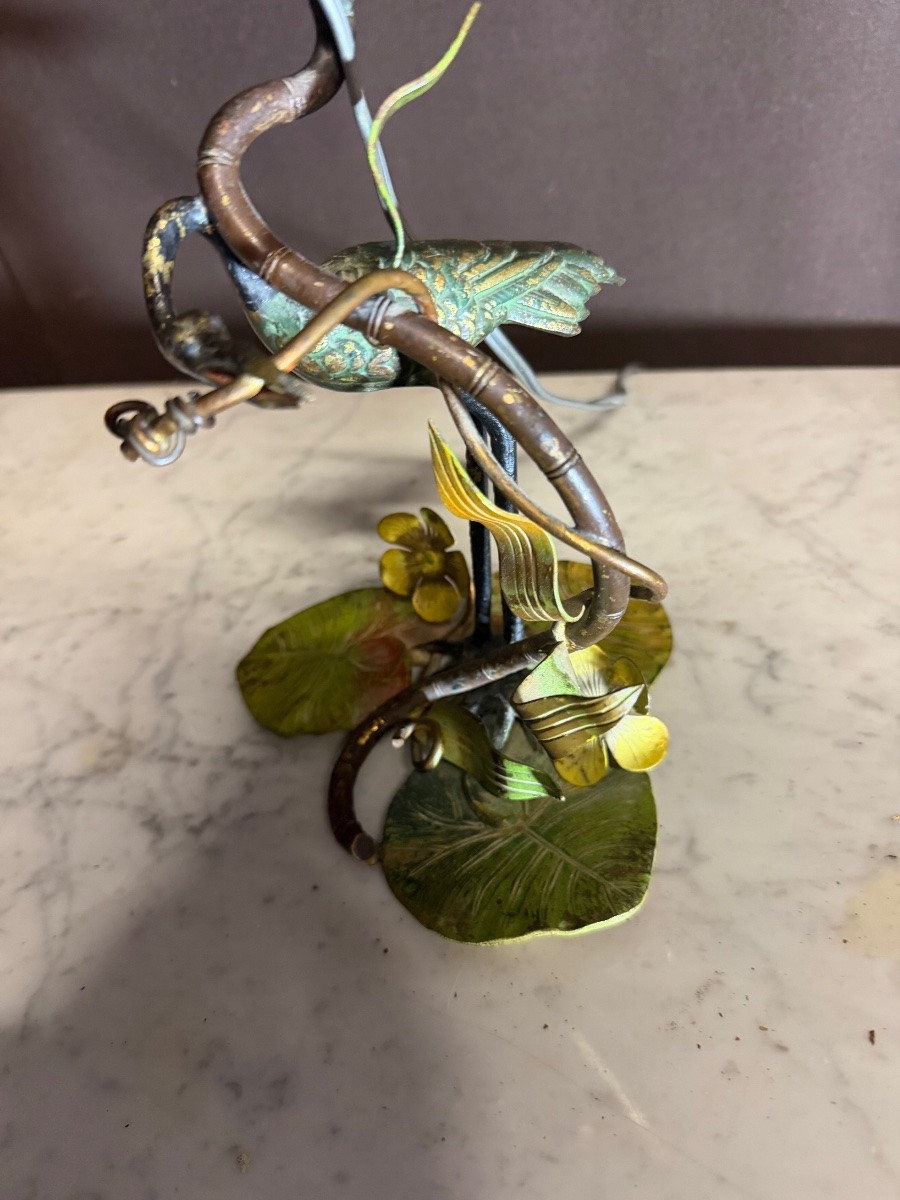 Petite lampe en bronze de vienne à décor de héron -photo-3