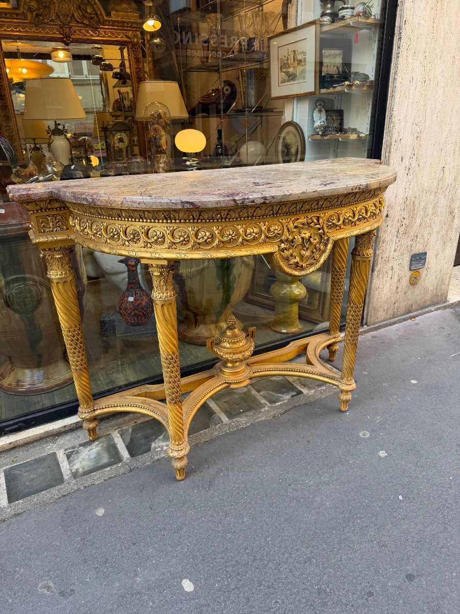 Console demi lune en bois doré de style Louis XVI -photo-4
