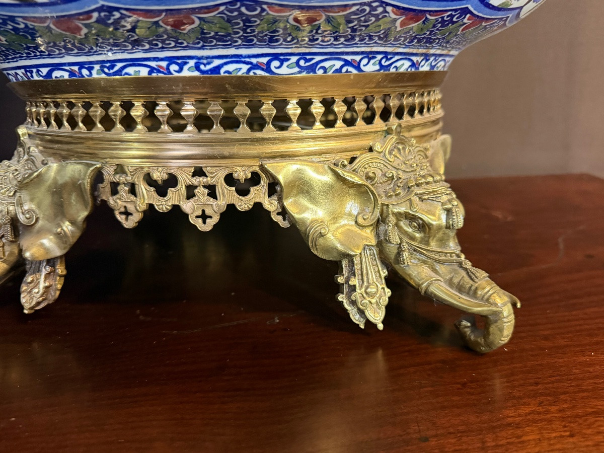 Large Bronze-mounted Gien Earthenware Cache Pot In The Taste Of édouard Lièvre-photo-2