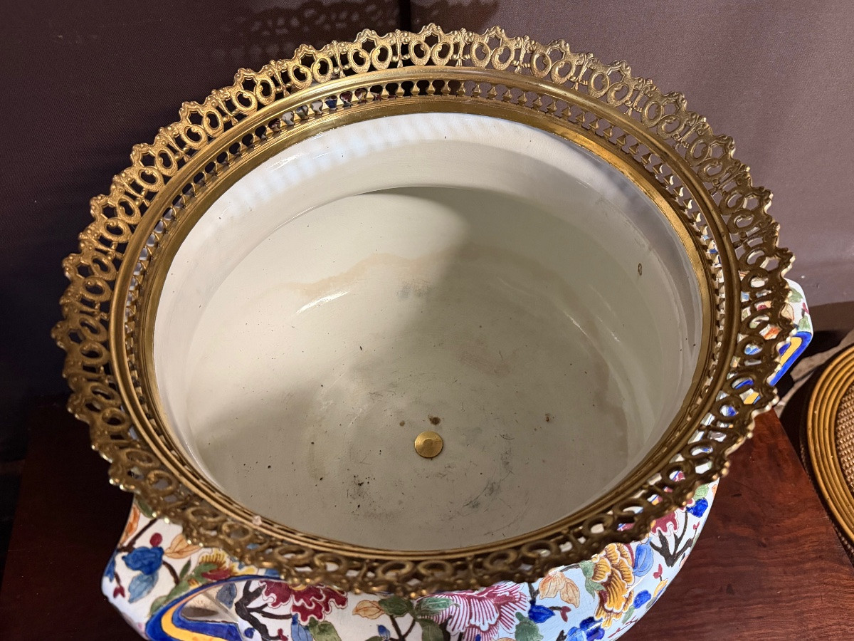 Large Bronze-mounted Gien Earthenware Cache Pot In The Taste Of édouard Lièvre-photo-4