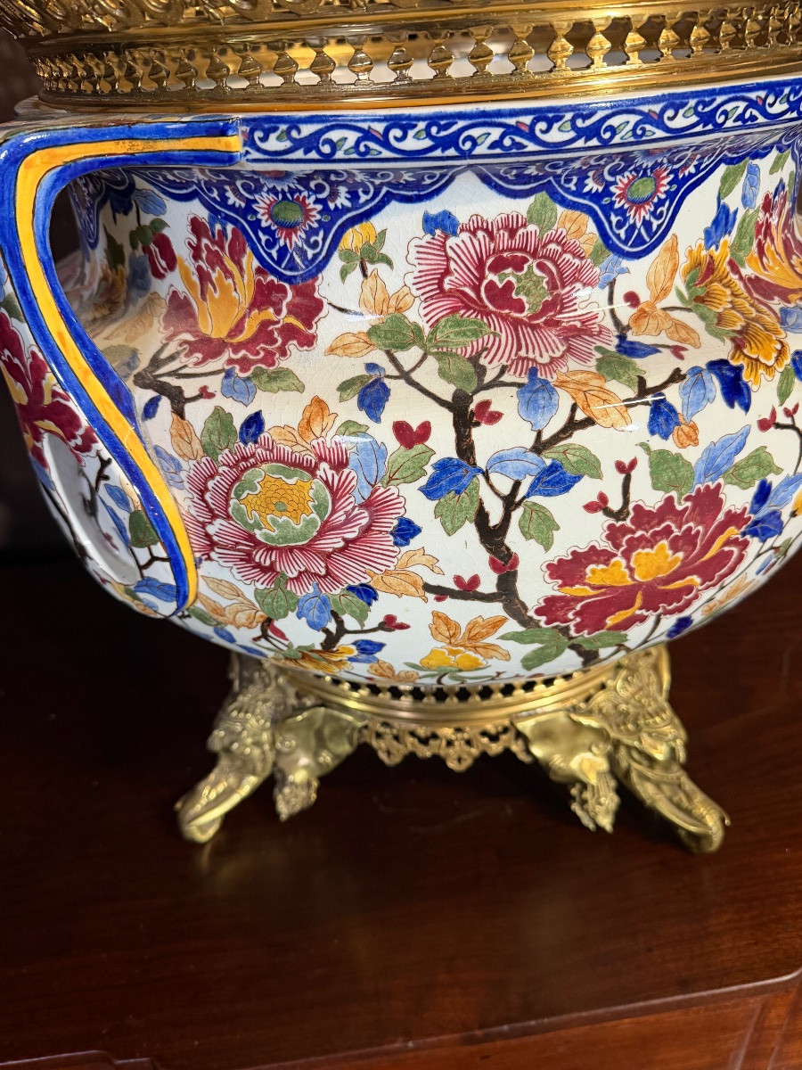 Large Bronze-mounted Gien Earthenware Cache Pot In The Taste Of édouard Lièvre-photo-1