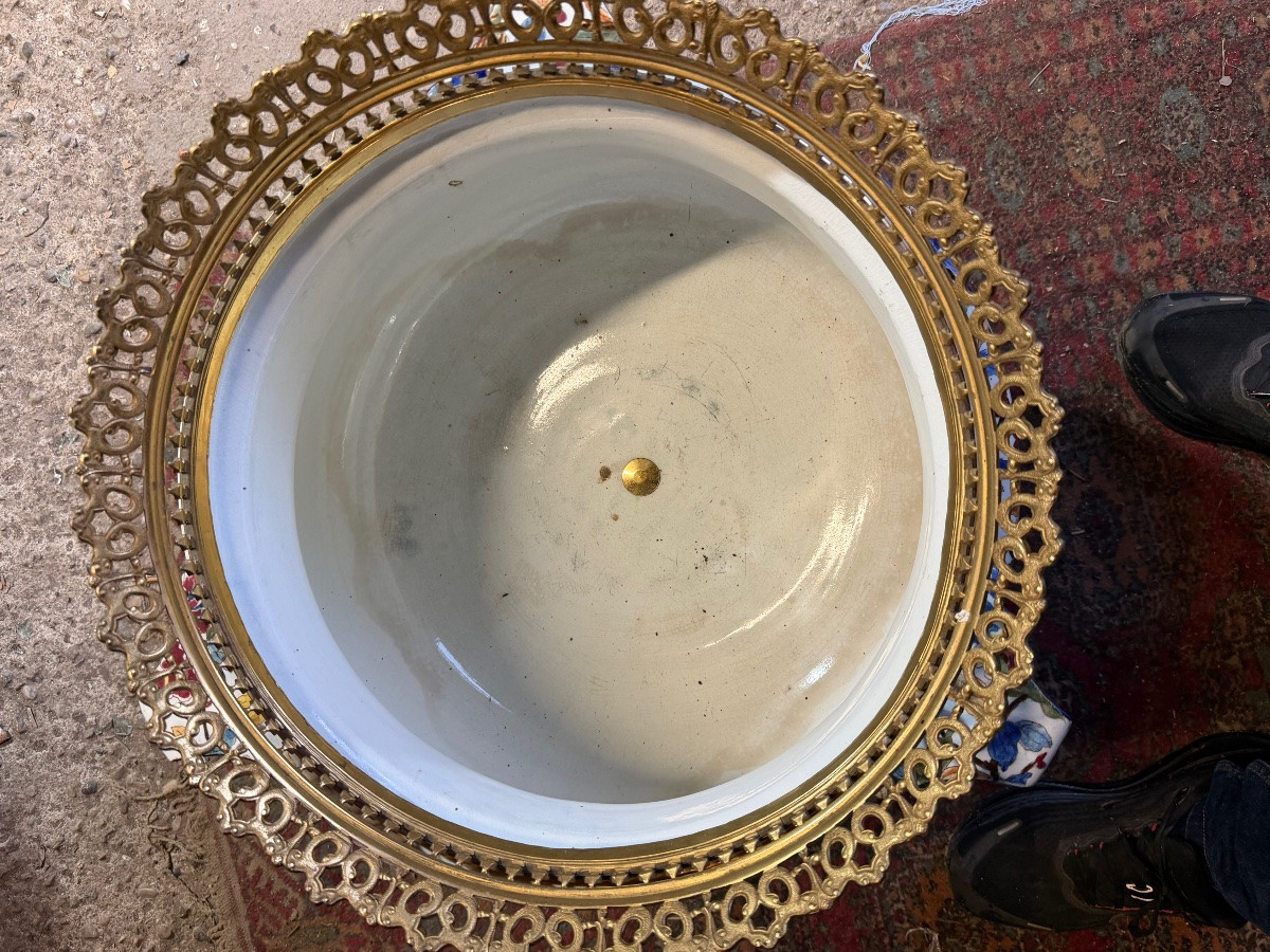 Large Bronze-mounted Gien Earthenware Cache Pot In The Taste Of édouard Lièvre-photo-3