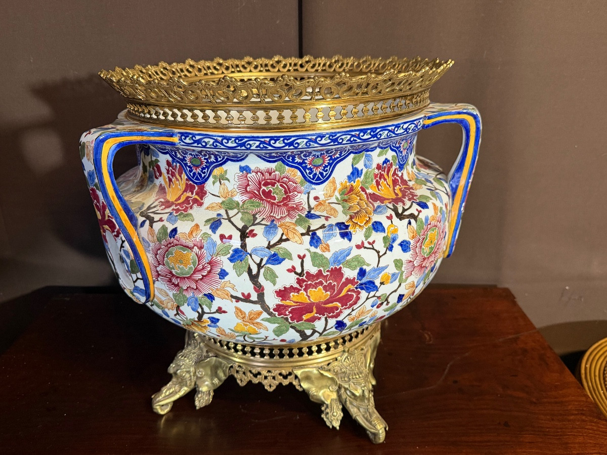 Large Bronze-mounted Gien Earthenware Cache Pot In The Taste Of édouard Lièvre