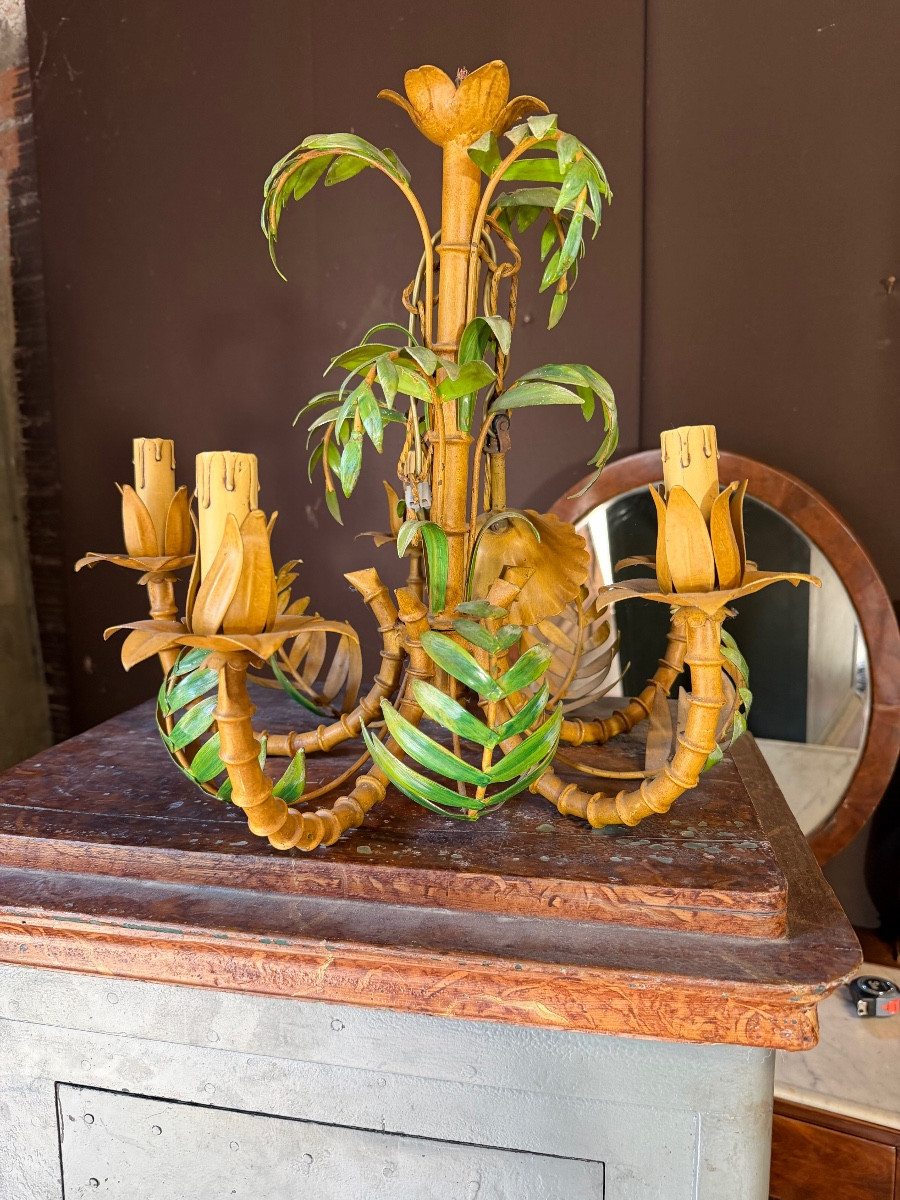 Chandelier In Painted Sheet Metal Imitating A Palm Tree