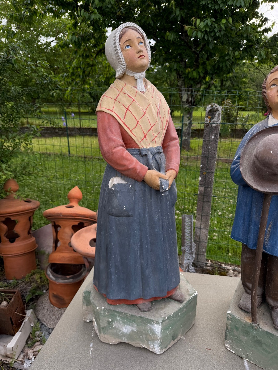 Paire de personnages religieux en plâtre polychrome du XIXe -photo-3