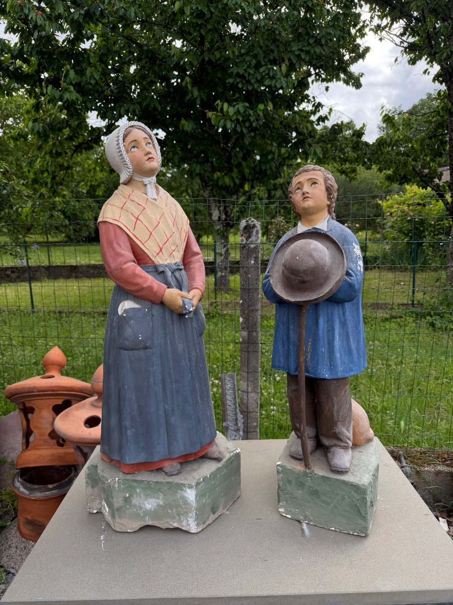 Paire de personnages religieux en plâtre polychrome du XIXe 