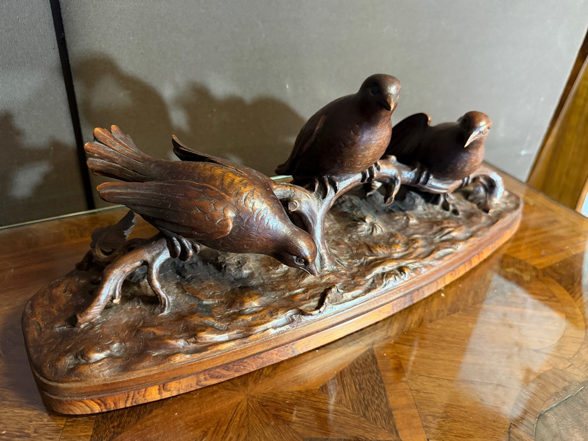 Wood Sculpture Of Three Birds Signed A. Fournials-photo-2