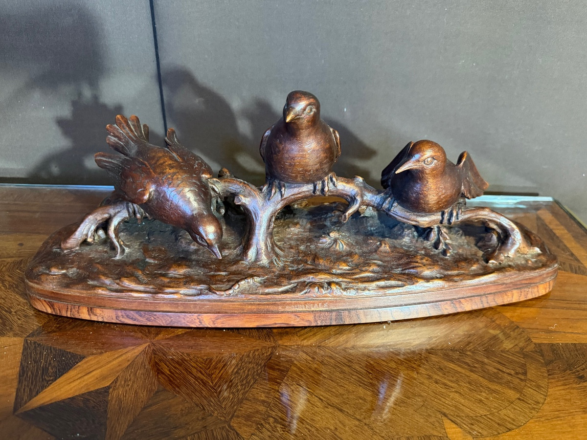 Wood Sculpture Of Three Birds Signed A. Fournials