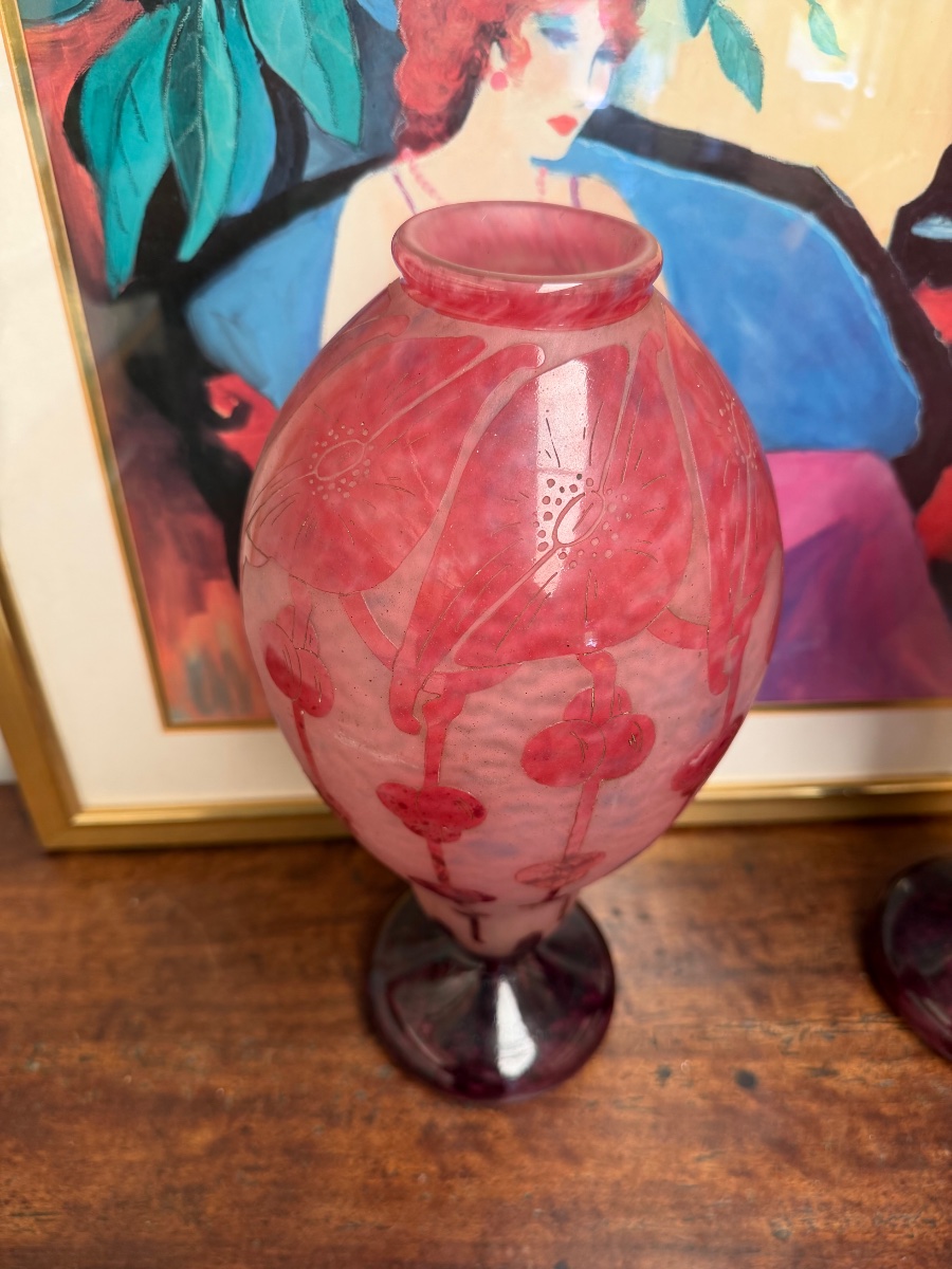 Pair Of Baluster Vases By Le Verre Français -photo-2