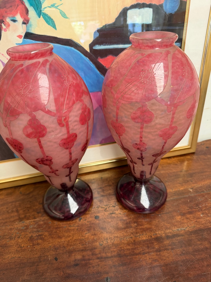 Pair Of Baluster Vases By Le Verre Français -photo-2