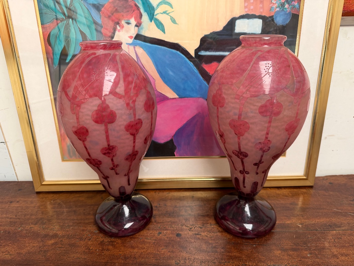 Pair Of Baluster Vases By Le Verre Français 