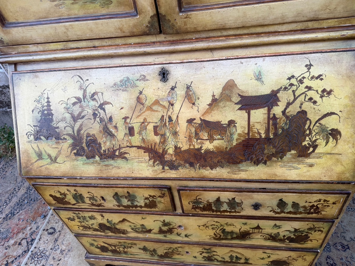 Bureau scriban en bois peint décor chinoisant -photo-7