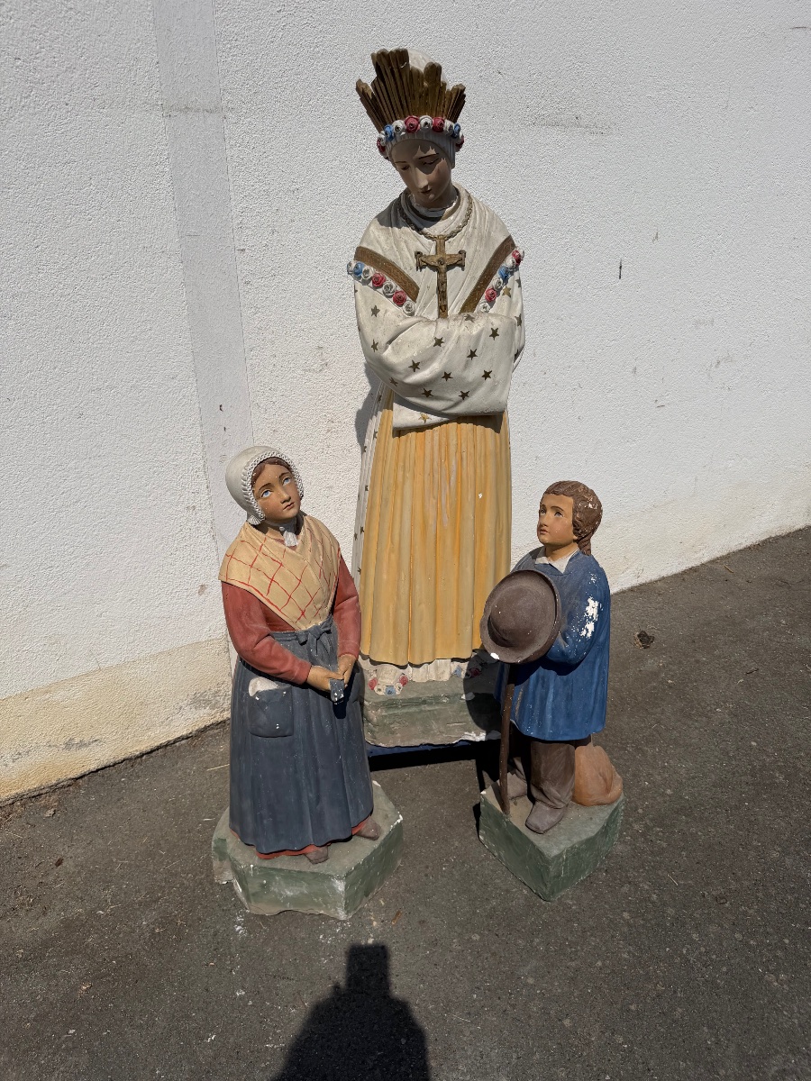 Three Religious Plaster Statues Depicting The Apparition Of Our Lady Of La Salette