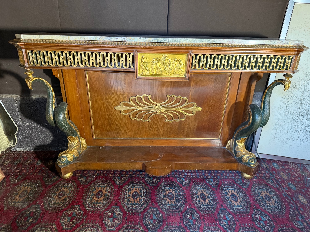 Carved And Gilded Wooden Console Table With A Dolphin Motif 