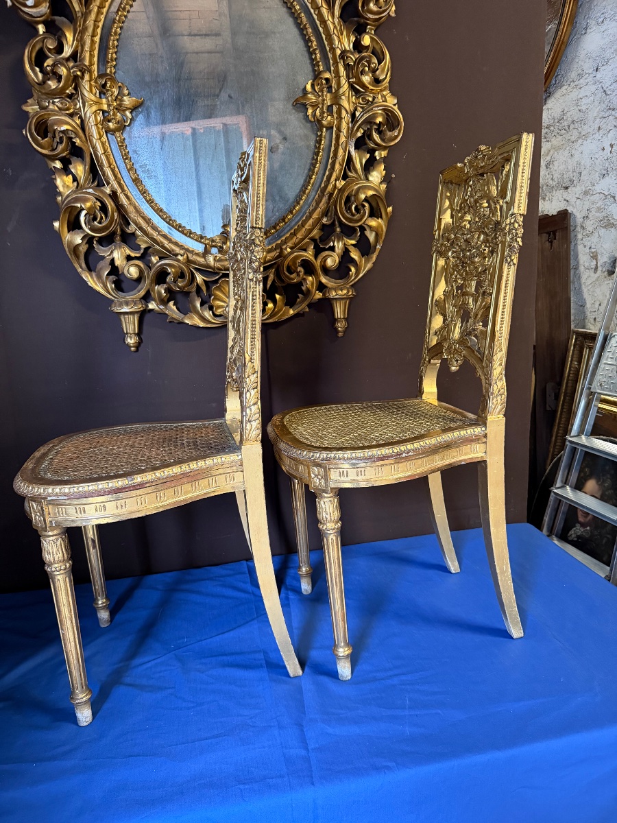 Paire de chaises de style Louis XVI en bois doré -photo-3