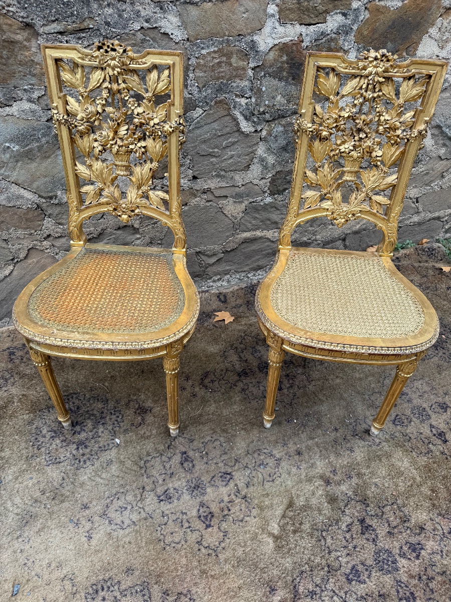 Paire de chaises de style Louis XVI en bois doré -photo-5