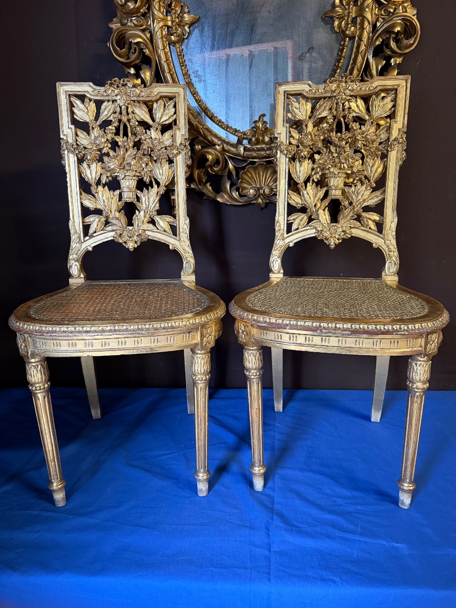 Paire de chaises de style Louis XVI en bois doré 