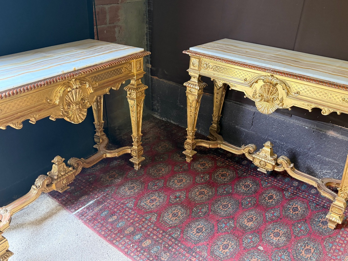 Pair Of Gilded Wooden Side Tables In The Louis XIV Style From The Napoleonic III Period, By Gallais, From Pr-photo-7