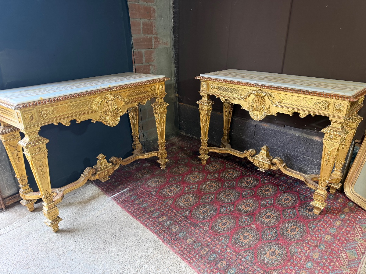 Pair Of Gilded Wooden Side Tables In The Louis XIV Style From The Napoleonic III Period, By Gallais, From Pr