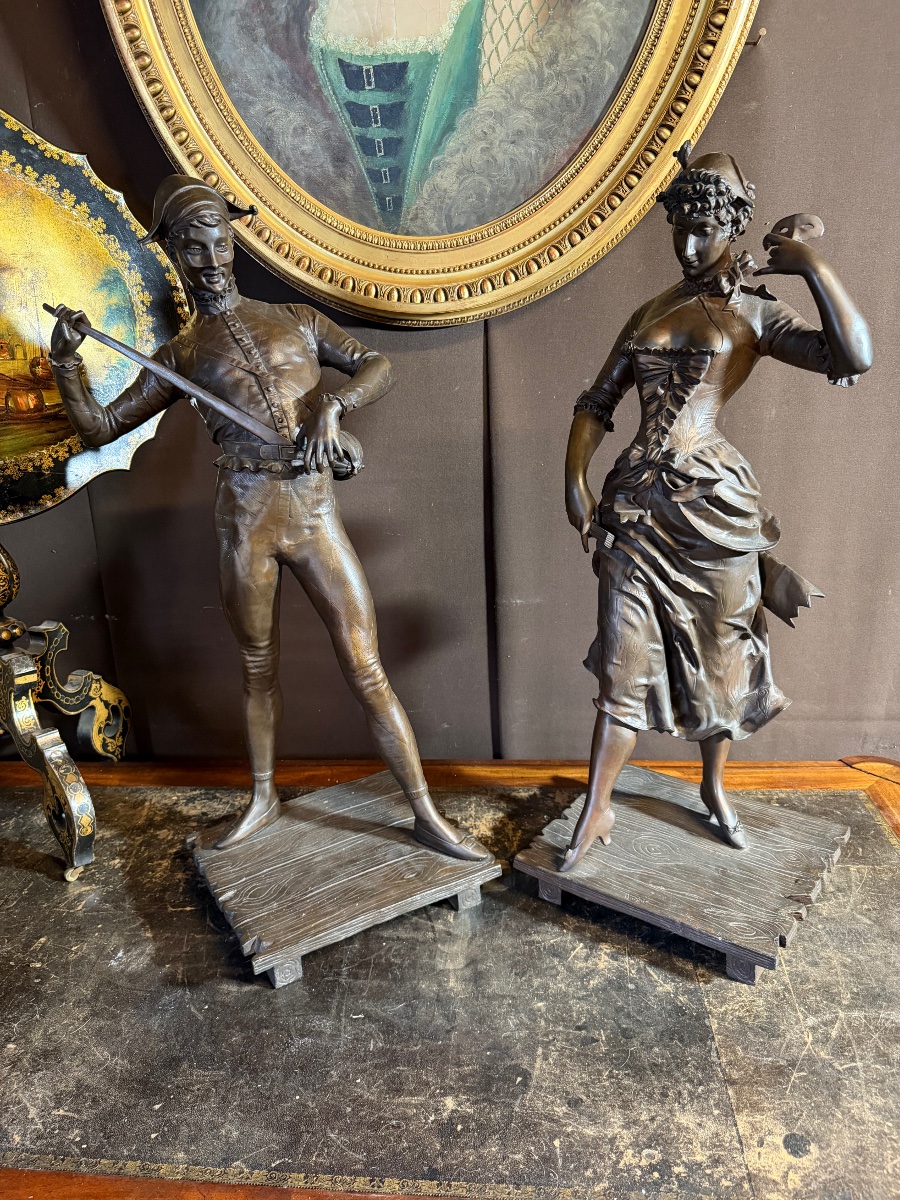 Paul Dubois paire de bronzes représentant Arlequin et Colombine (ht:82cm)-photo-2