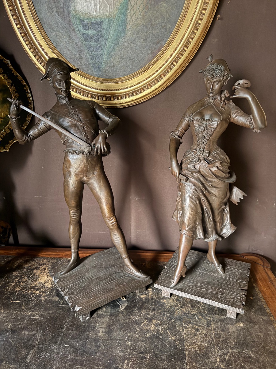 Paul Dubois paire de bronzes représentant Arlequin et Colombine (ht:82cm)-photo-2