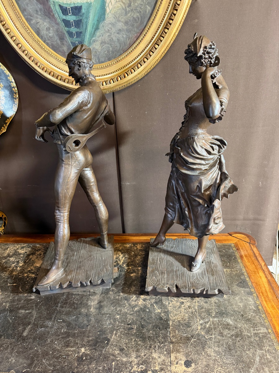 Paul Dubois paire de bronzes représentant Arlequin et Colombine (ht:82cm)-photo-5