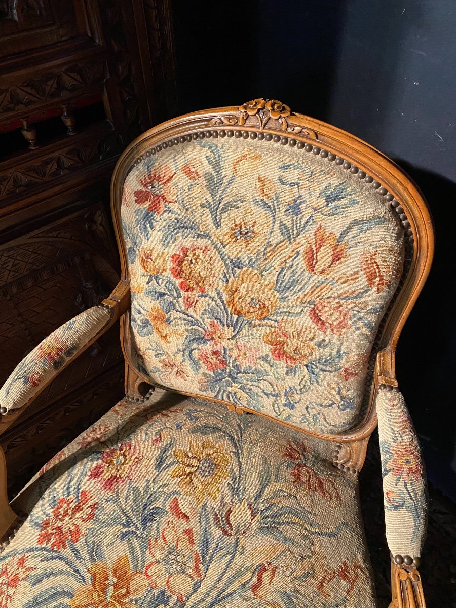 Pair Of Louis XV Style Armchairs Covered With Aubusson Tapestry-photo-3