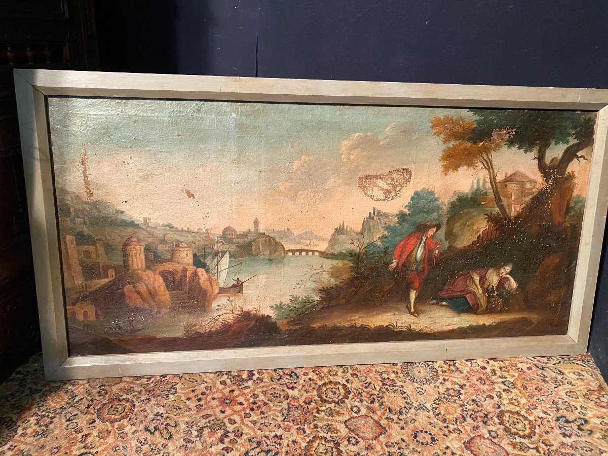 Tableau XVIIIem Scènes Romantiques Sur Un Bord De Rivière 