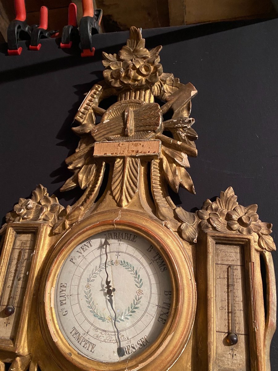 Barometer Thermometer In Golden Wood Louis XVI-photo-1