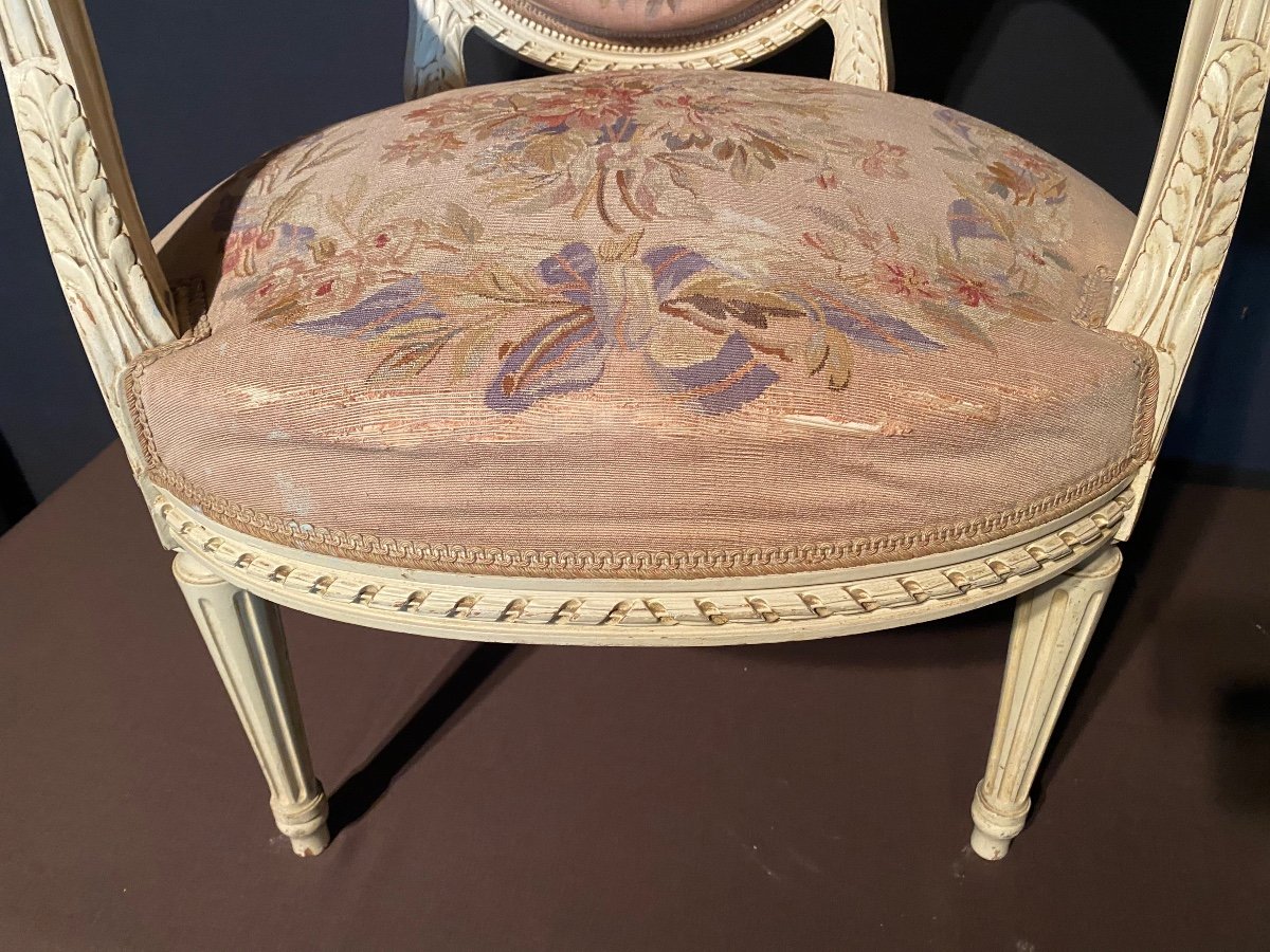 Pair Of Louis XVI Style Medallion Armchairs Covered With Aubusson Tapestry-photo-2