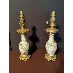 Pair Of Oil Lamps China Gilt Bronze Frame