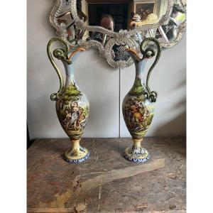 Pair Of Important Ewers In Italian Earthenware