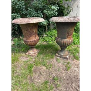 Pair Of Important Old Cast Iron Medici Vases