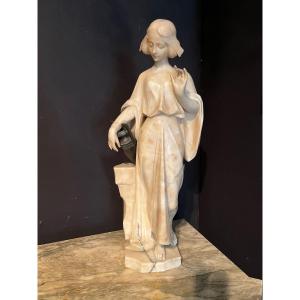 Young Woman With A Jug Sculpture In Alabaster And Bronze