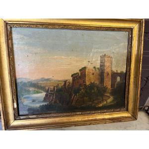 Small 19th Century Painting Castle Landscape