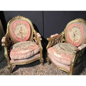 Spectaculaire Paire De Bergères De Style Louis XVI Napoléon III D’apparat 