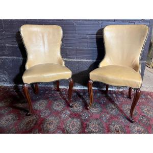 Two Chippendale Low Chairs In Thick Leather