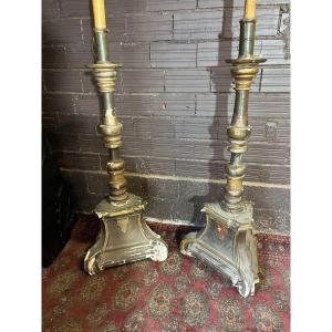 Pairs Of Large 18th Century Carved Wooden Candlesticks