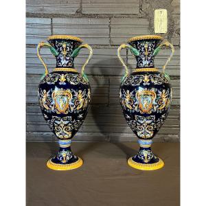 Pair Of Important Earthenware Vases From Gien 